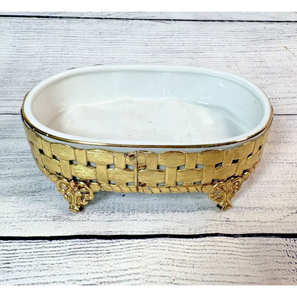 Vtg Stylebuilt Gold Basket Weave Soap Dish White Porcelain Hollywood Regency